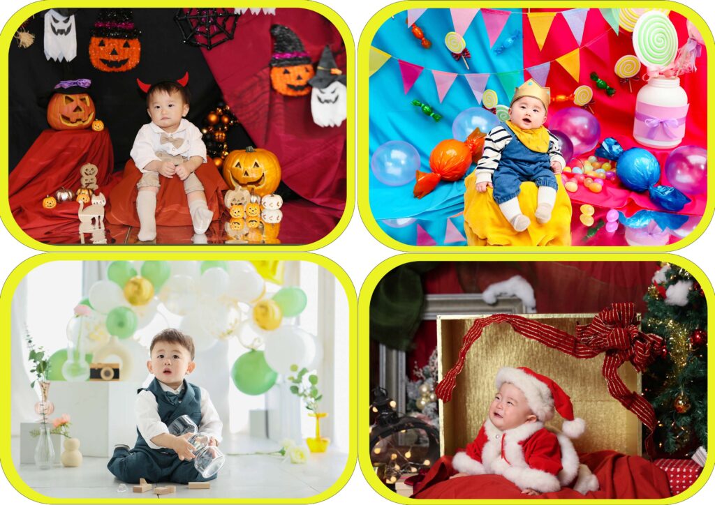 季節ごとに変わるベビー撮影セット。ハロウィン・カラフルキャンディ・バルーン・クリスマスなど、赤ちゃんが季節を感じられる可愛い背景で撮影できるフォトブース