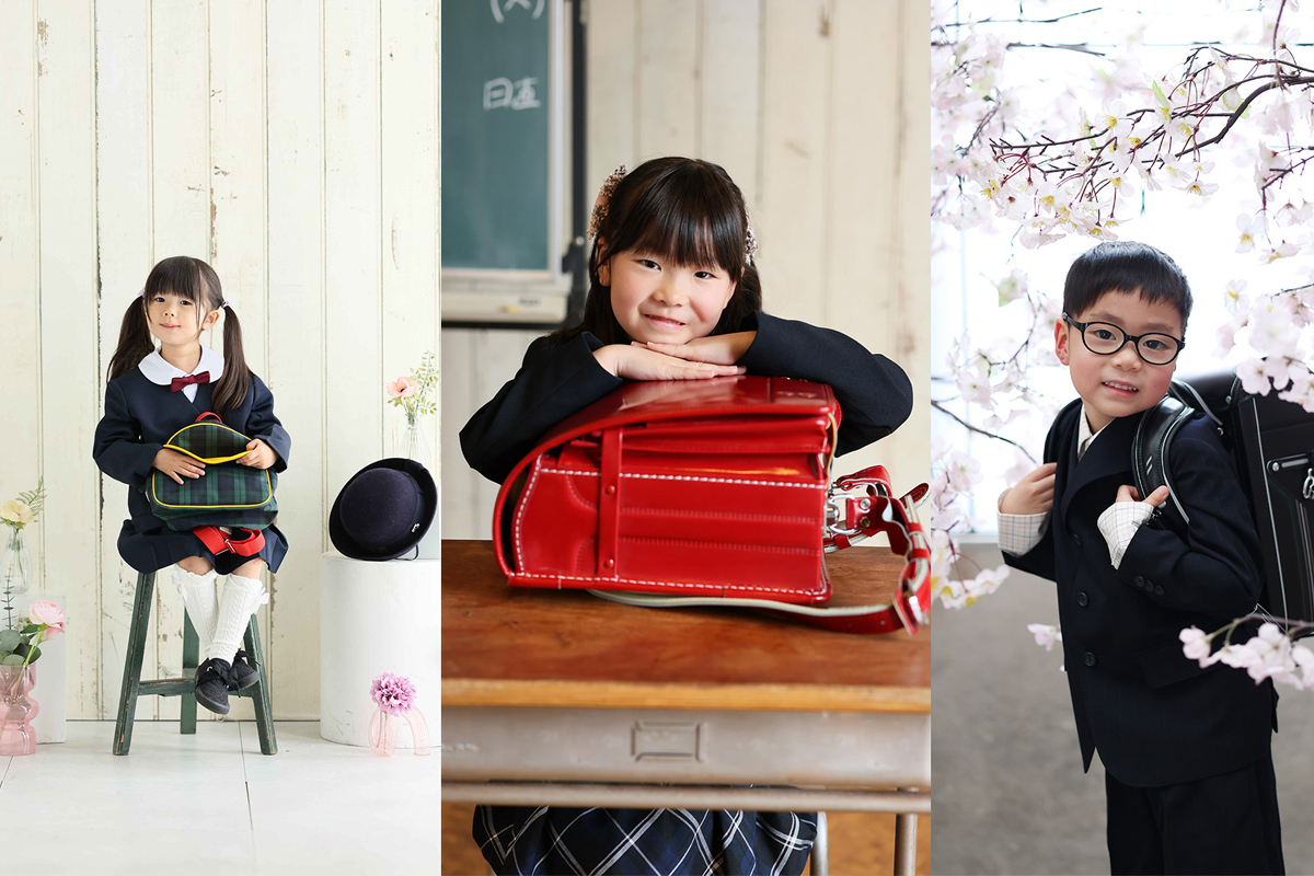 入園入学記念撮影サンプル - 制服姿の女の子、赤いランドセルと笑顔の女の子、桜と黒いランドセルを持つ男の子のサイズ違い画像