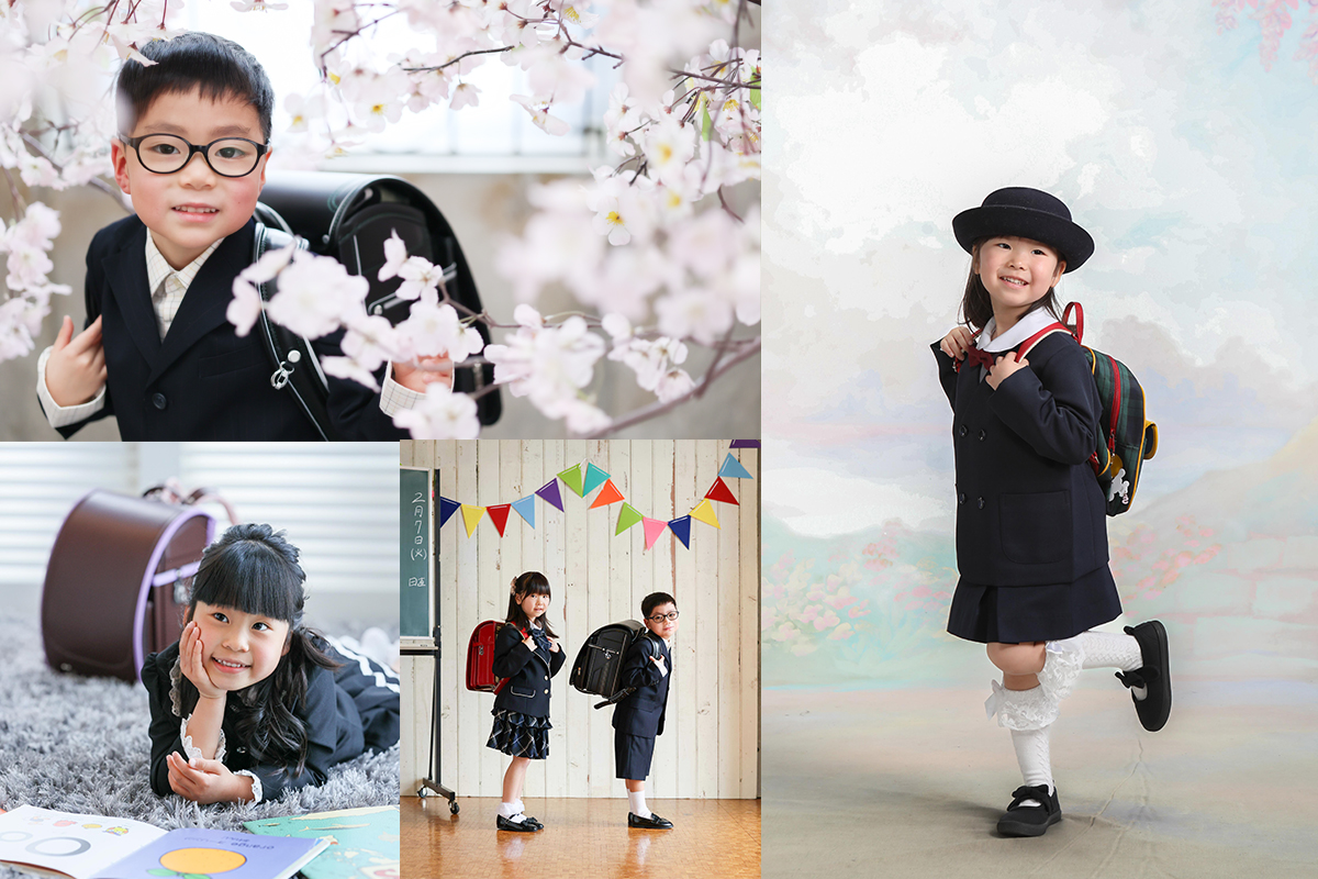 ストーリーテラースタジオの入学撮影 - 桜セット・教室セット・様々なポーズで自然な笑顔を撮影

